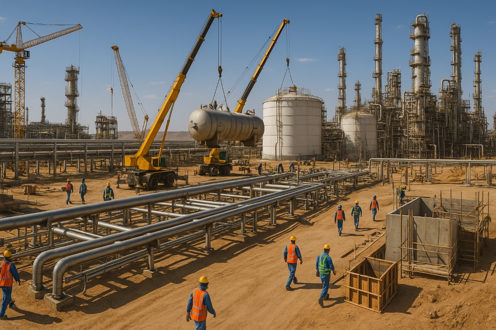 Construction workers on building foundation